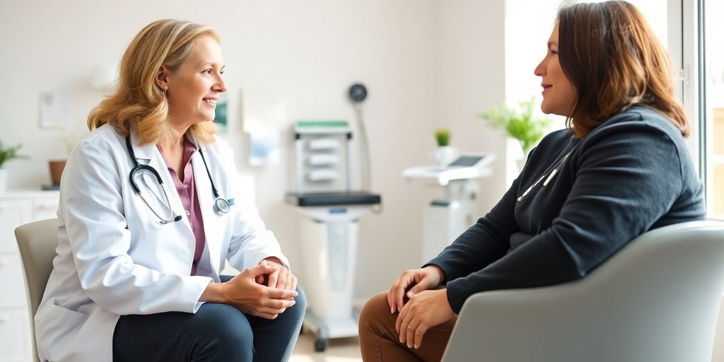 Fersensporn: Patient und Arzt in einer hellen Arztpraxis.