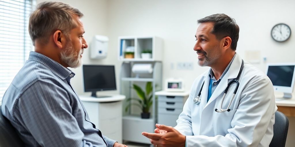 Patient und Arzt in einer hellen Arztpraxis besprechen die Folgen von Hepatitis D.