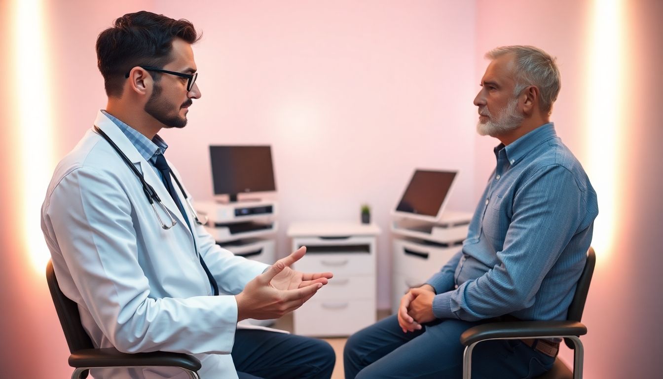 Arzt erklärt Penisprothese einem Patienten.