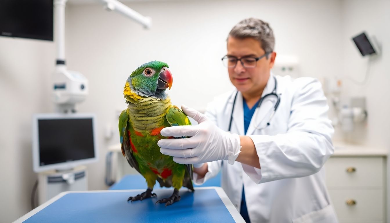 Veterinarian examining a parrot in a clinic.