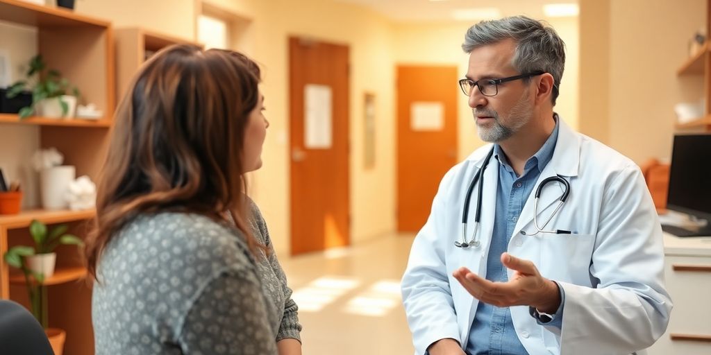 Arzt erklärt im hellen Behandlungsraum Hepatitis A und Ernährung.