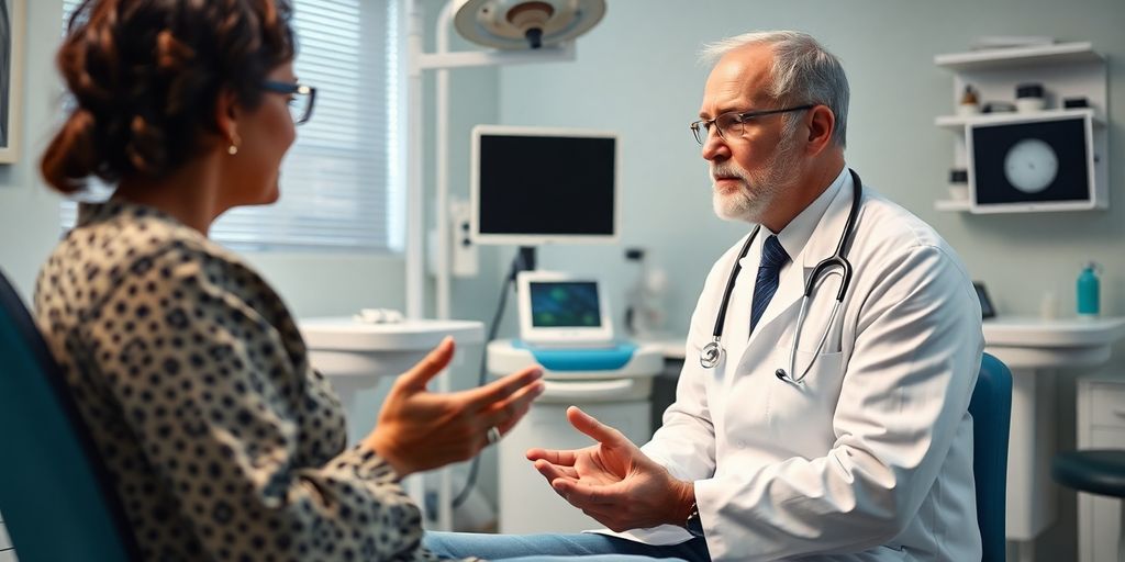Patientin und Arzt sprechen in einer hellen Arztpraxis über Gangrän..