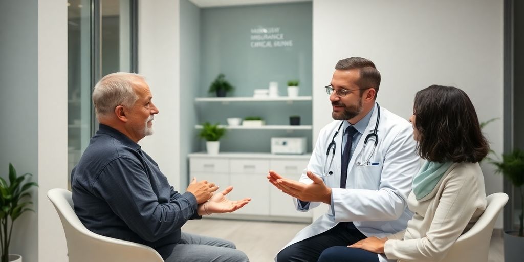 Gangrän: Patient und Arzt in einer hellen Arztpraxis.