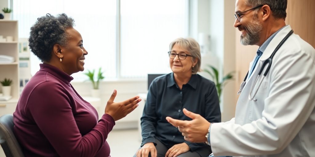 Hirninfarkt: Patient und Arzt in einer hellen Arztpraxis.