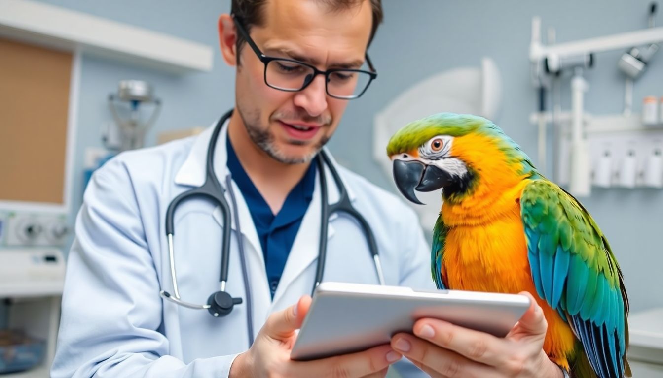 Papageienkrankheit: Veterinarian with tablet examining a parrot in clinic.