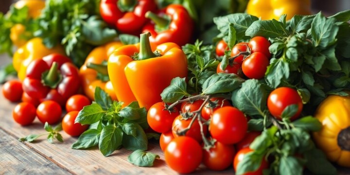 Buntes Gemüse und Kräuter auf Holztisch.