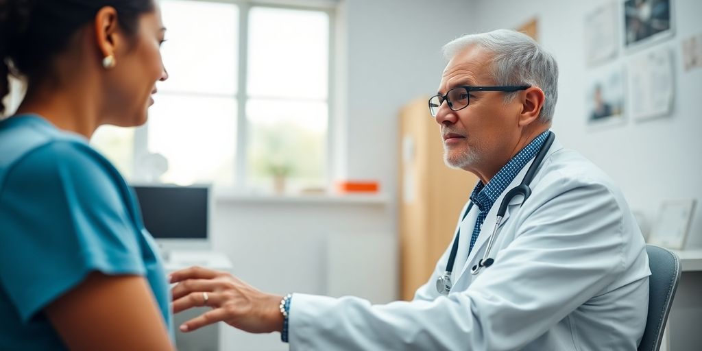 Filariose und Langzeitfolgen: Patient und Arzt in einer hellen Arztpraxis