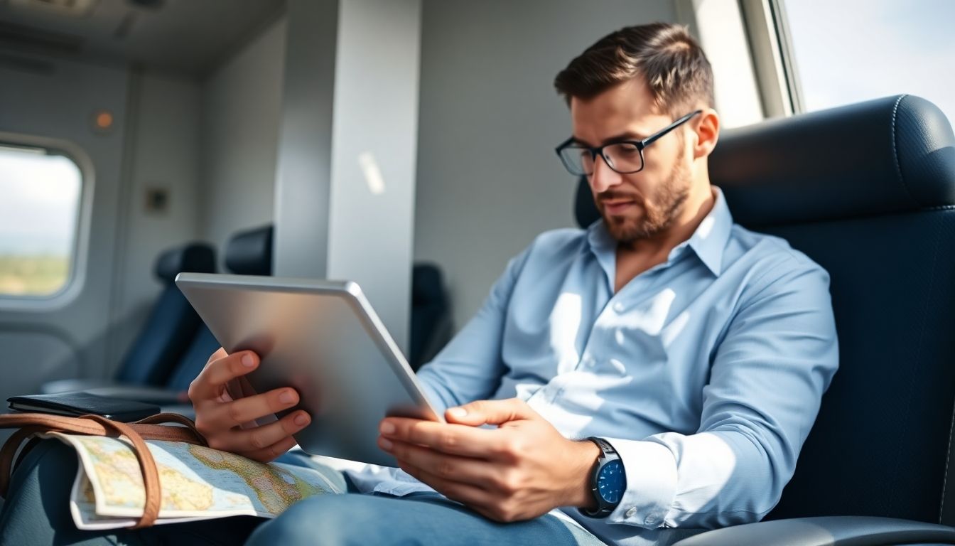 Gelbfieber und Reisemedizin: Mann auf Reisen schaut auf sein Tablet