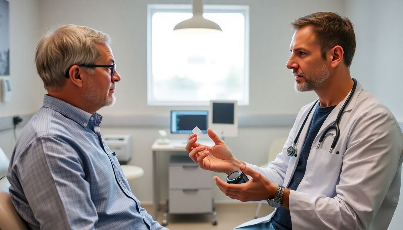 Arzt bespricht Hornhauttransplantation mit Patient in Praxis.