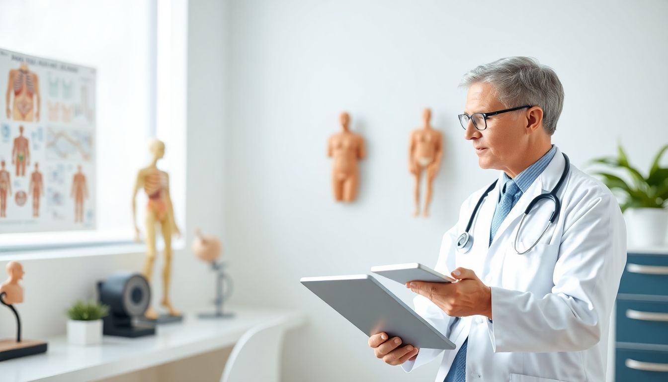 Ganglion und die Rolle des Arztes: Arzt mit Tablet in Praxis.