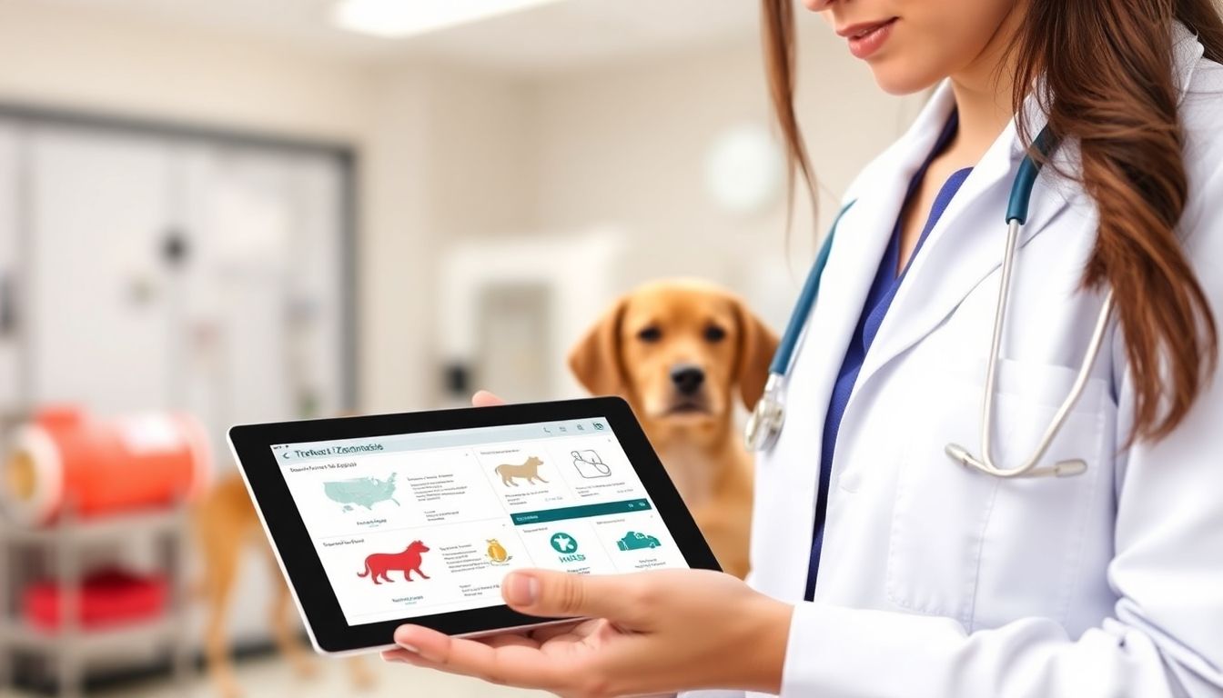 Übertragungswege von Zoonosen: Veterinarian with tablet in a modern clinic setting.
