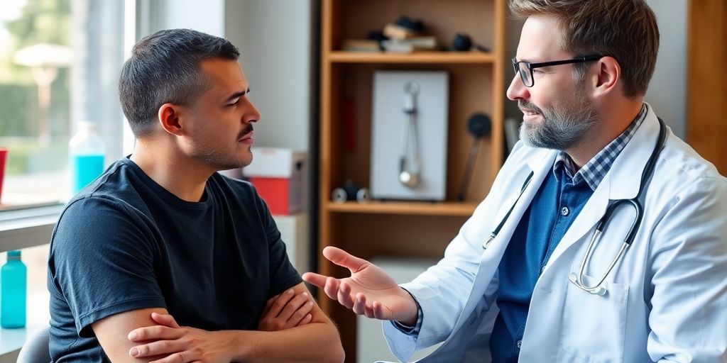 Patient und Arzt in einer hellen Arztpraxis.