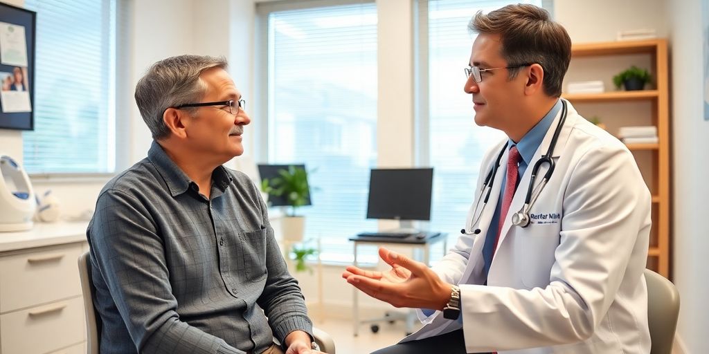 Ursachen des Karpaltunnelsyndrom: Patient und Arzt in einer hellen Arztpraxis.