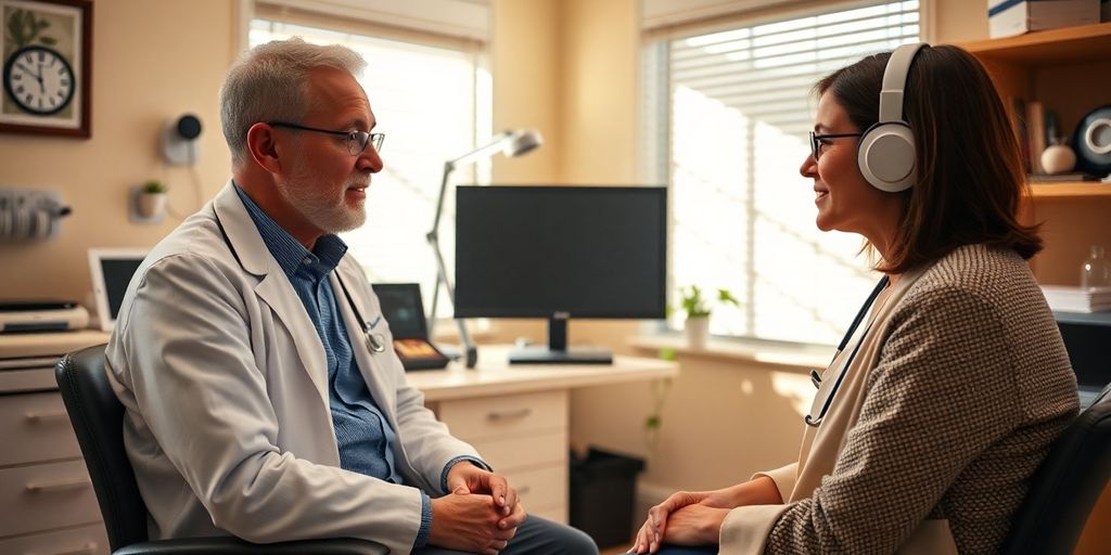 Patient und Arzt im hellen Behandlungsraum.