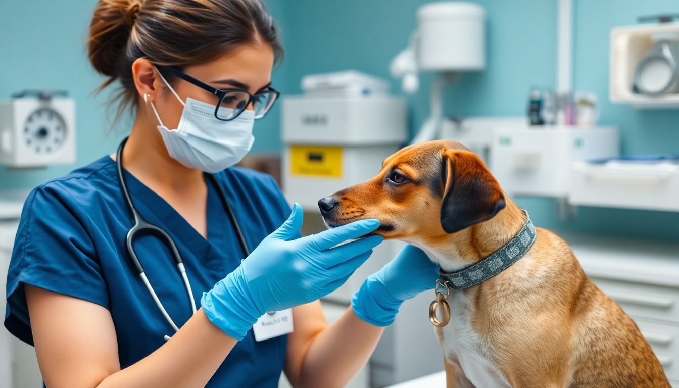 Behandlung von Zoonosen: Veterinarian examining a dog in a clinical environment.