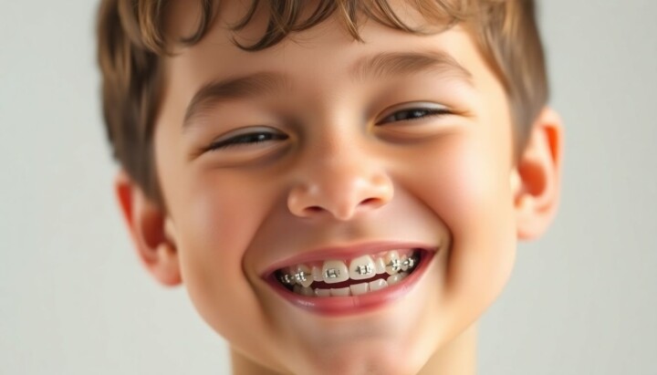 Zahnspange für Kinder: A young boy with a bright, confident smile, wearing a clear dental brace.