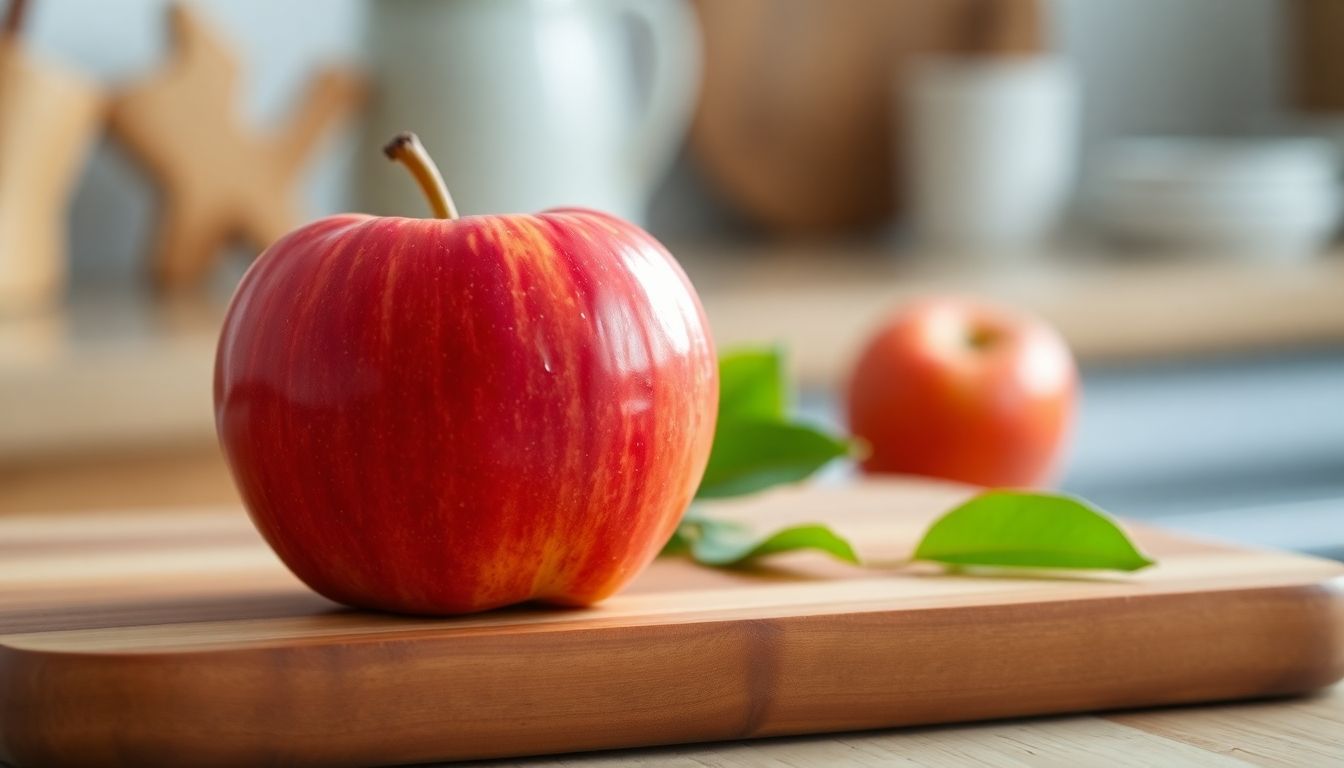 Red apple on a wooden kitchen board.