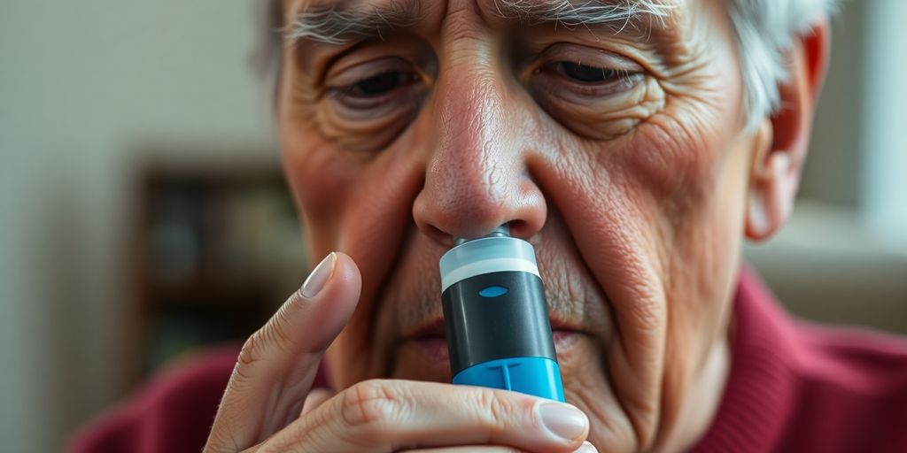 Atemwegserkrankungen: Ältere Person verwendet ein Inhalator zur Atemwegshilfe.