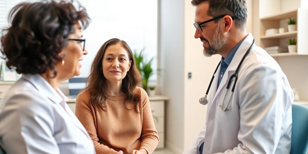 Hyperthyreose: Patient und Arzt im hellen medizinischen Raum.