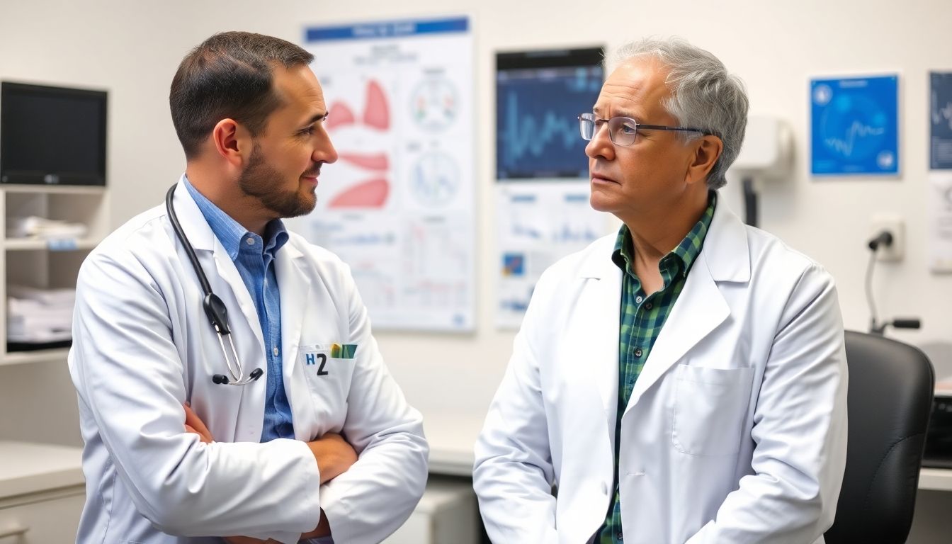 Atemwegserkrankungen und Sport: Doctor consulting with a patient about respiratory health.