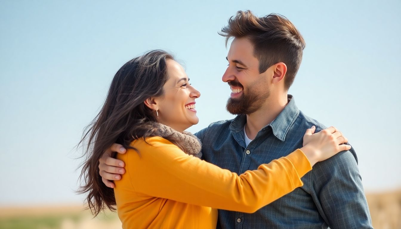 Paartherapie: Ein lächelndes Paar umarmt sich im Freien.