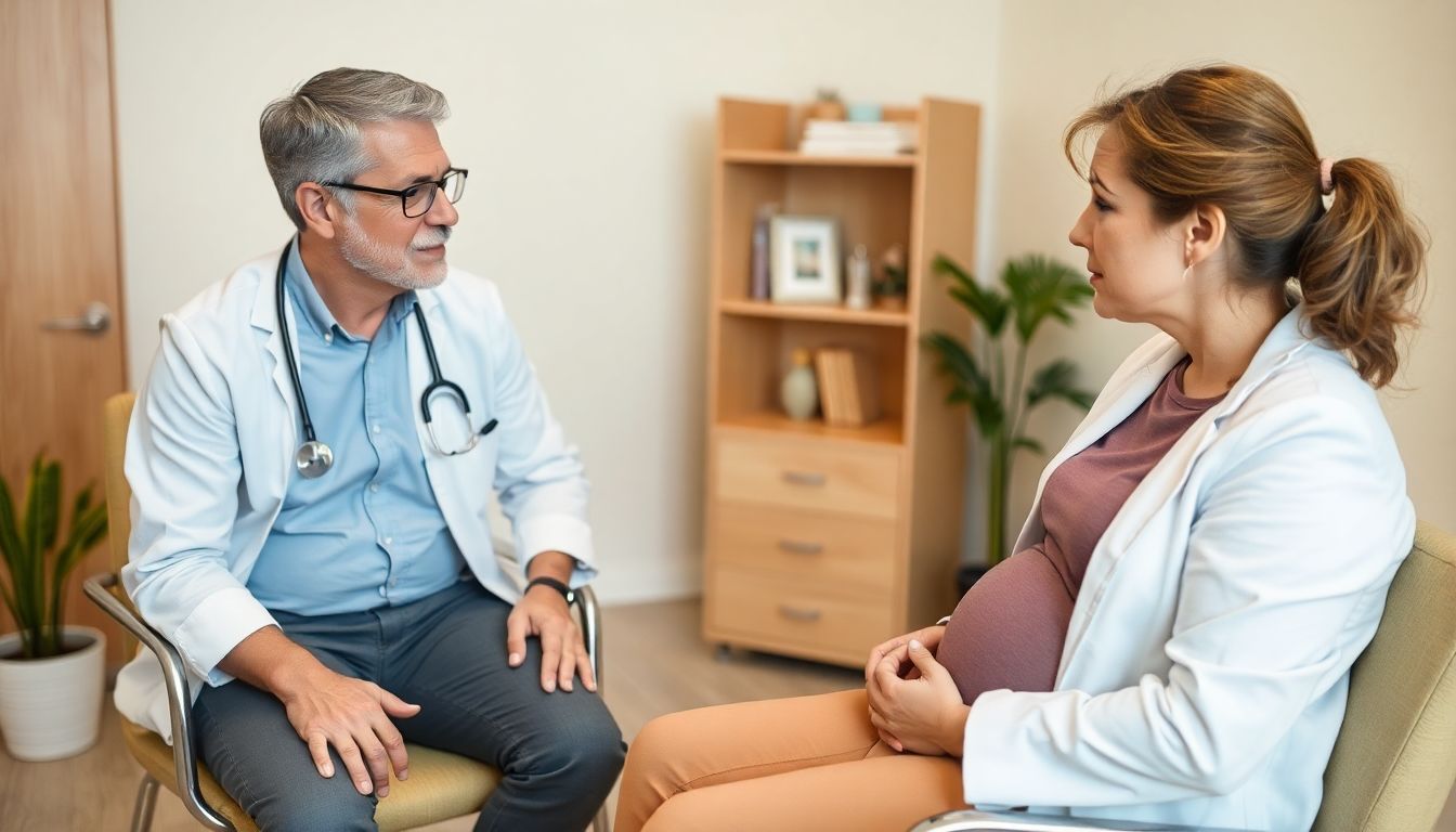 Schwangerschaftsabbruch: Arzt spricht mit einer schwangeren Frau in einem Behandlungszimmer.