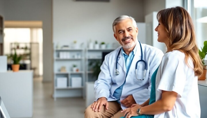 Enzymtherapie: Doctor and patient discussing in a bright, modern practice.