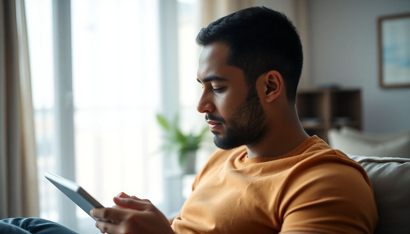 Hitzepickel und Hautpflegeprodukte: Mann mit Tablet sucht passende Pflegeprodukte.