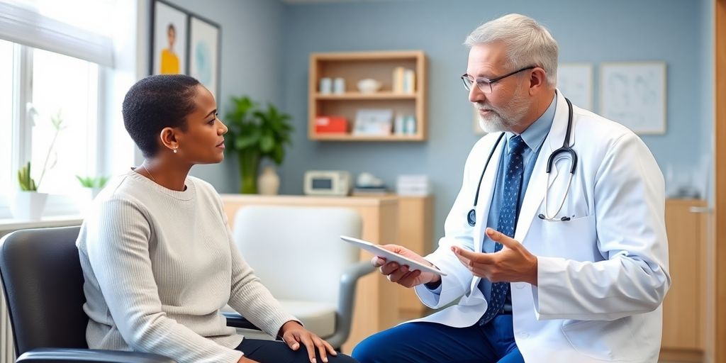 Hitzepickel und Allergien: Patient und Arzt in heller medizinischer Praxis.