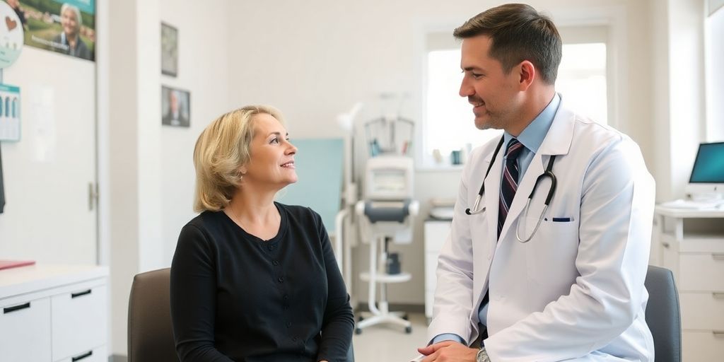 Hypercholesterinämie: Patient und Arzt in einer hellen Arztpraxis.