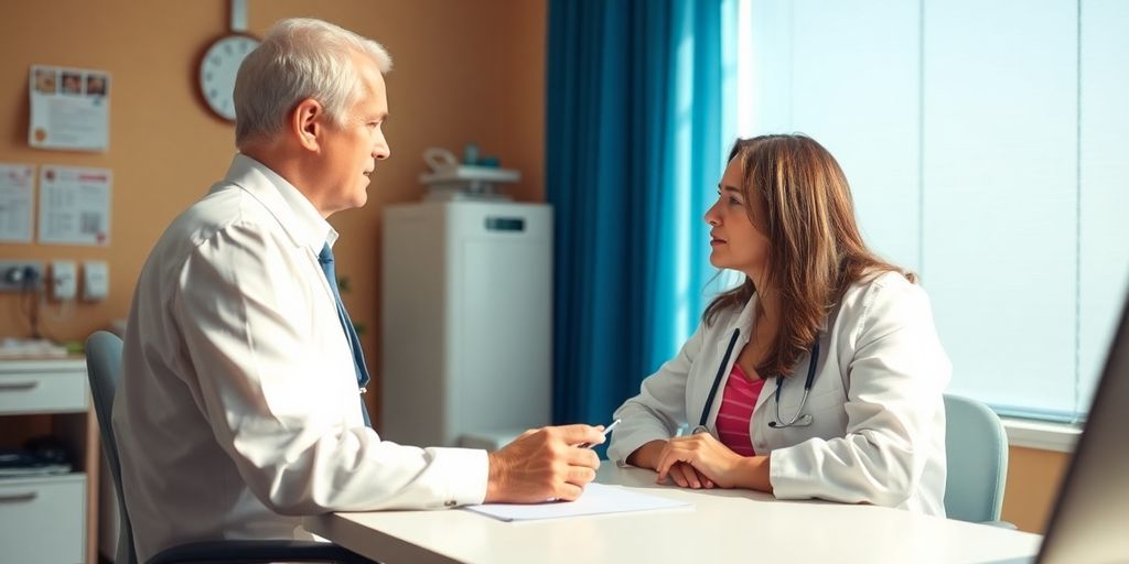 Ursachen für Hitzschlag: Patient und Arzt in einer hellen Arztpraxis.