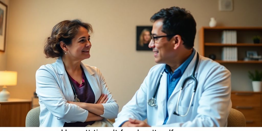 Hitzschlag und Beruf: Patient und Arzt in einer hellen Arztpraxis.