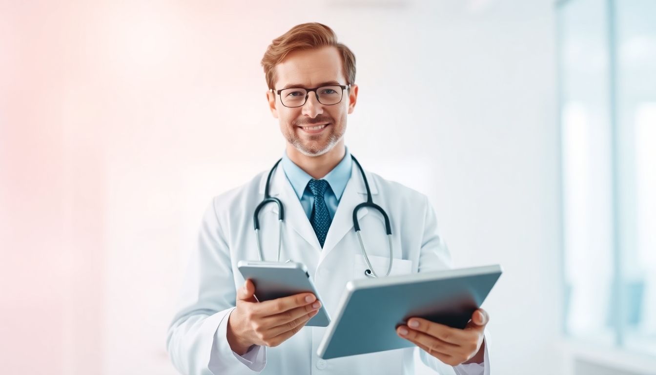 Doctor with tablet in a bright medical setting.