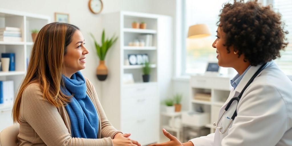 Hypothyreose und Lebensqualität: Arzt und Patient in einer hellen Arztpraxis.