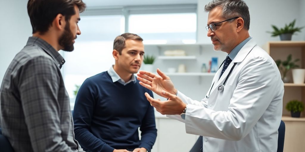 Früherkennung von Hodenkrebs: Arzt und Patient in einer hellen Arztpraxis.