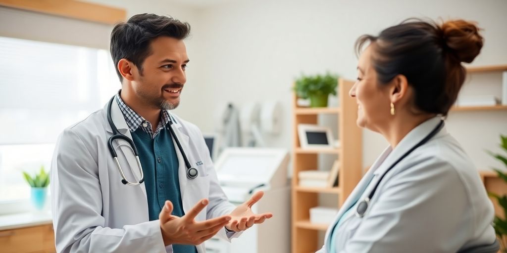 Ischias: Patient und Arzt in einer hellen Arztpraxis.