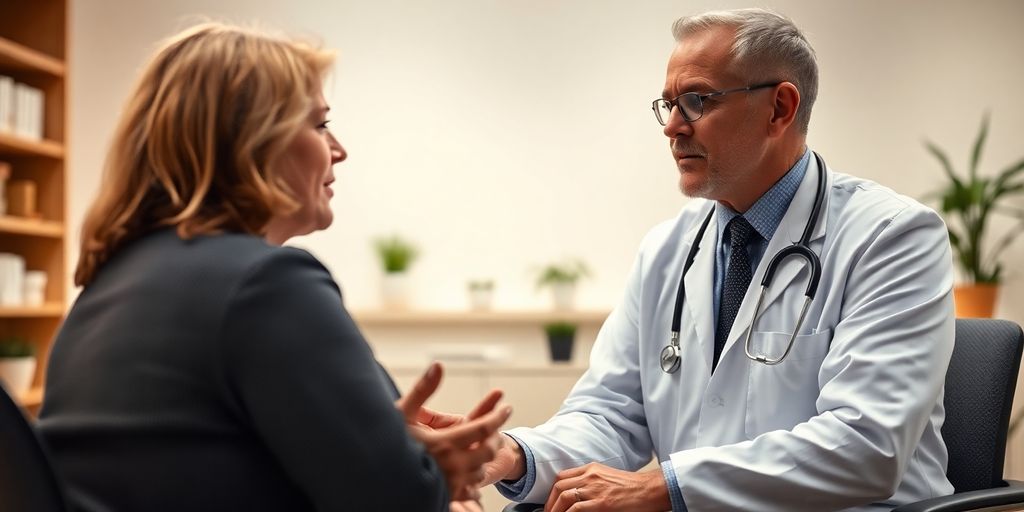 Diagnose der Hypotonie: Patient und Arzt in einer hellen Arztpraxis.