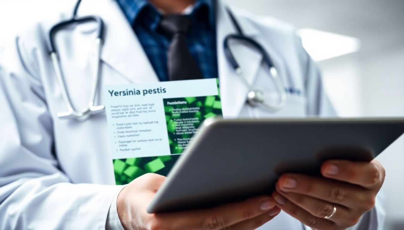 Yersinia pestis: Doctor with tablet in a clinical setting.