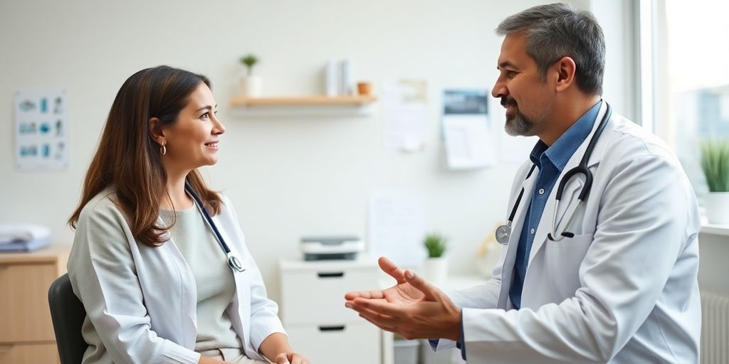 Hüftdysplasie: Patient und Arzt in einer hellen Arztpraxis.