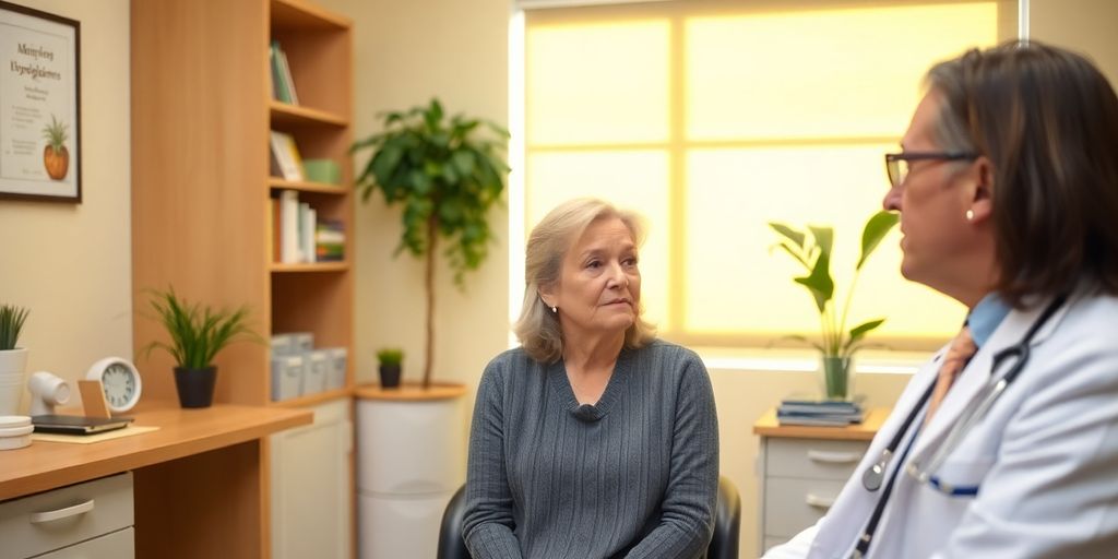 Symptome der Hypoglykämie: Patient und Arzt in einer hellen Arztpraxis.