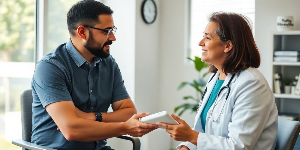 Patient und Arzt in heller medizinischer Praxis.