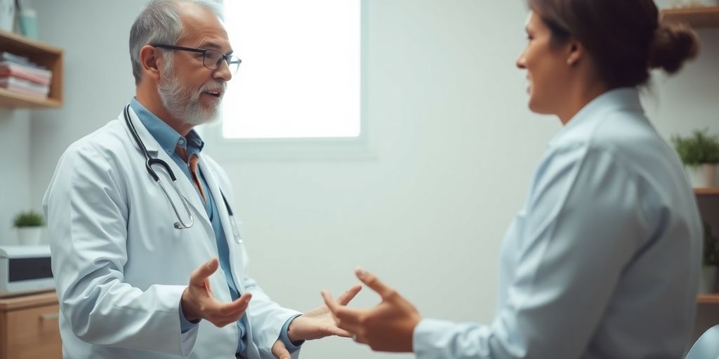 Diagnoseverfahren bei Hyperaldosteronismus: Arzt und Patient in einer hellen Arztpraxis.