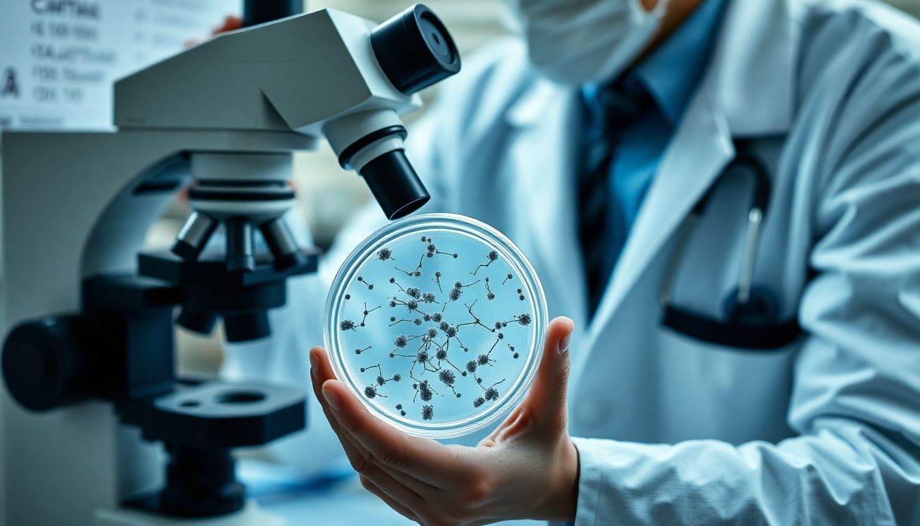 Doctor examining Yersinia pestis in a laboratory setting.