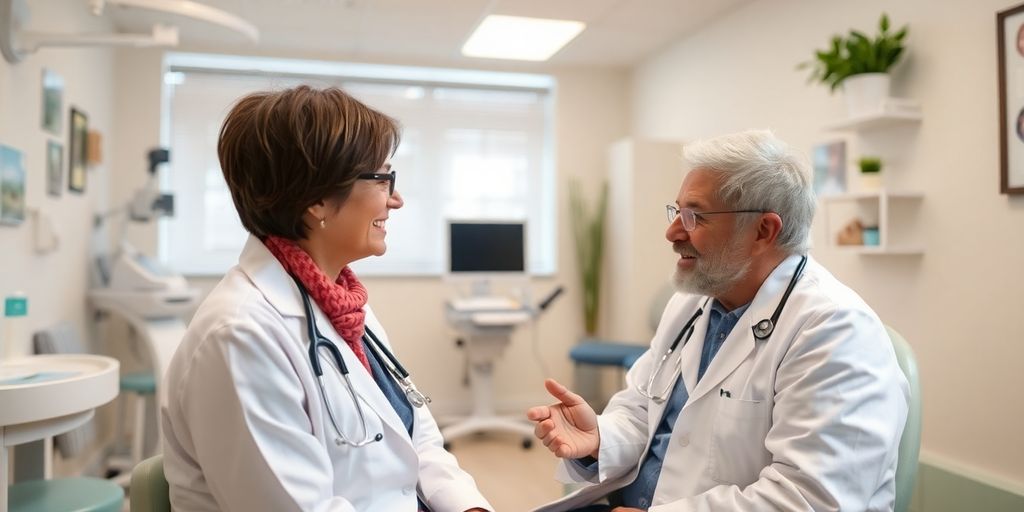 Lebensstil und Histiocytose: Patient und Arzt im hellen Behandlungsraum bei Beratung.