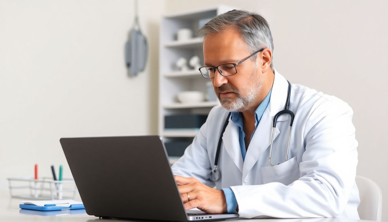 Symptome des Fliegenmadenbefall: Doctor using laptop to research fly larvae infestations.
