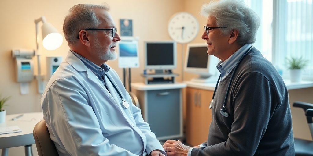 Patient und Arzt in einer hellen Arztpraxis.