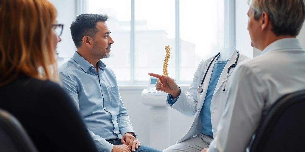 Patient und Arzt in einer modernen Arztpraxis.