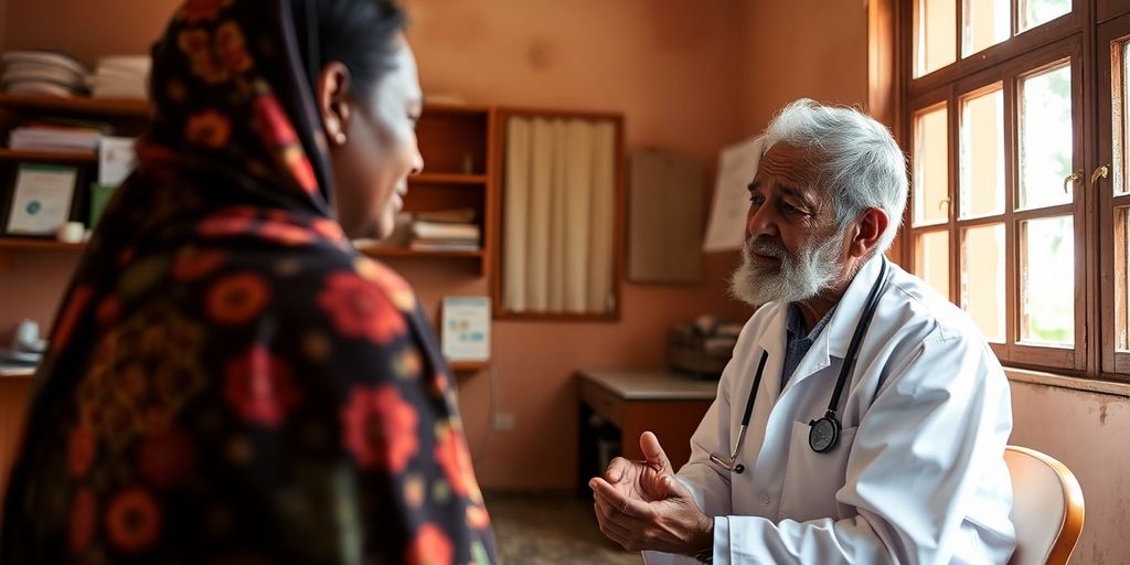 Ursachen der Lepra: Patient und Arzt in einer hellen Arztpraxis.