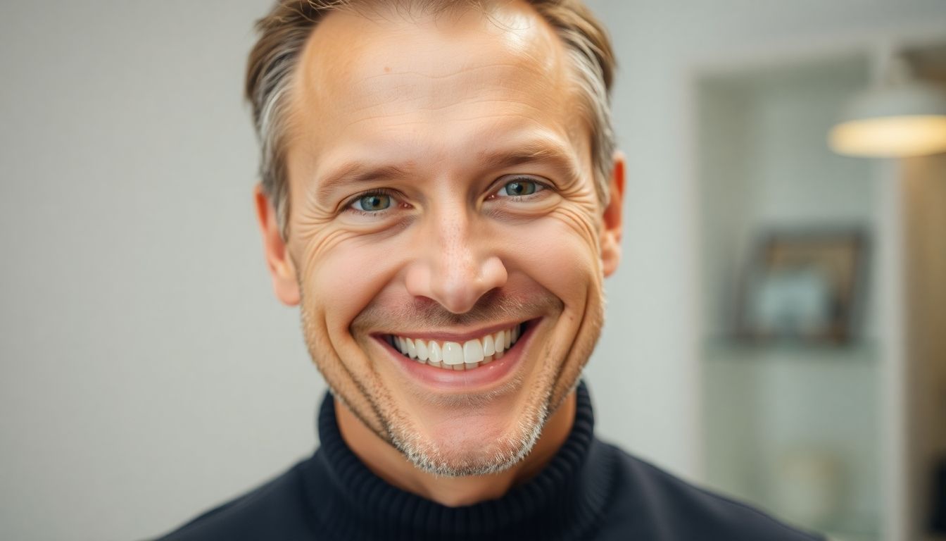 Zahnspange für Erwachsene: Erwachsener Mann lächelt mit Zahnspange, Nahaufnahme.