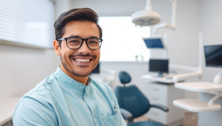 Wurzelspitzenresektion: Dentist smiling in a bright, modern dental practice.